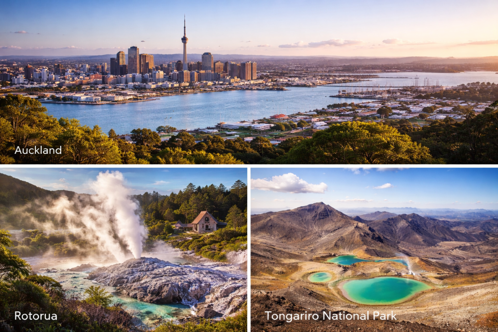 Collage of North Island New Zealand destinations showing Auckland skyline and harbor, Rotorua geothermal geysers, and Tongariro National Park volcanic landscape with emerald lakes.