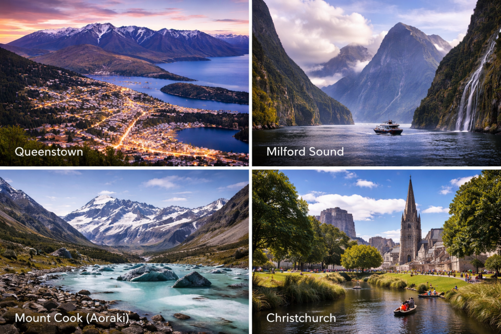 Collage of South Island New Zealand destinations showing Queenstown lakeside town, Milford Sound fjord with waterfalls, Mount Cook alpine landscape, and Christchurch city park and cathedral.