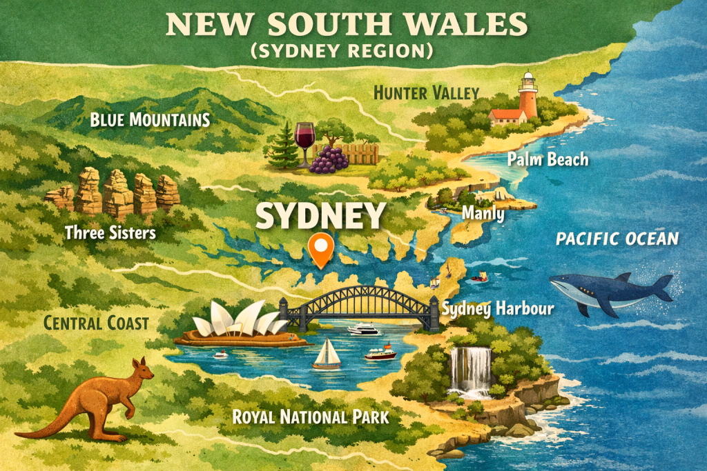 Map of New South Wales highlighting Sydney, Bondi Beach, Blue Mountains and the eastern Australia coastline