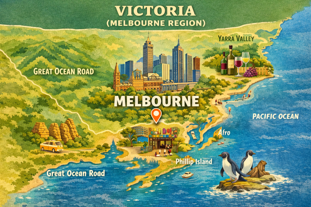 Illustrated map of Victoria featuring Melbourne, Great Ocean Road, Phillip Island and Yarra Valley in Australia