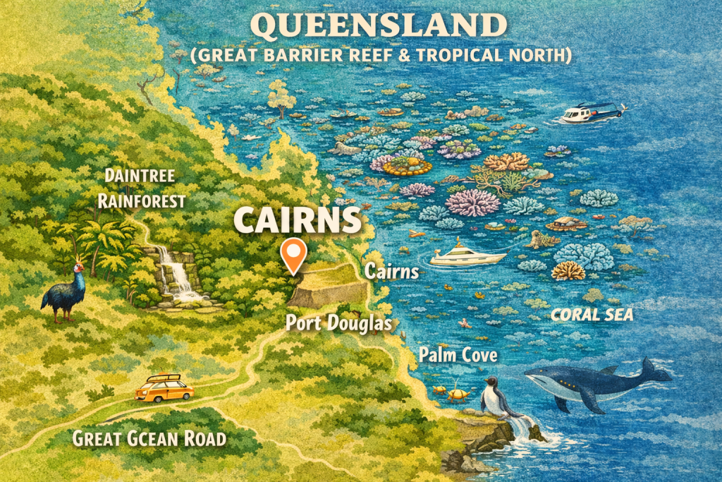 Map of Queensland showing Great Barrier Reef, Cairns and Port Douglas in tropical northern Australia