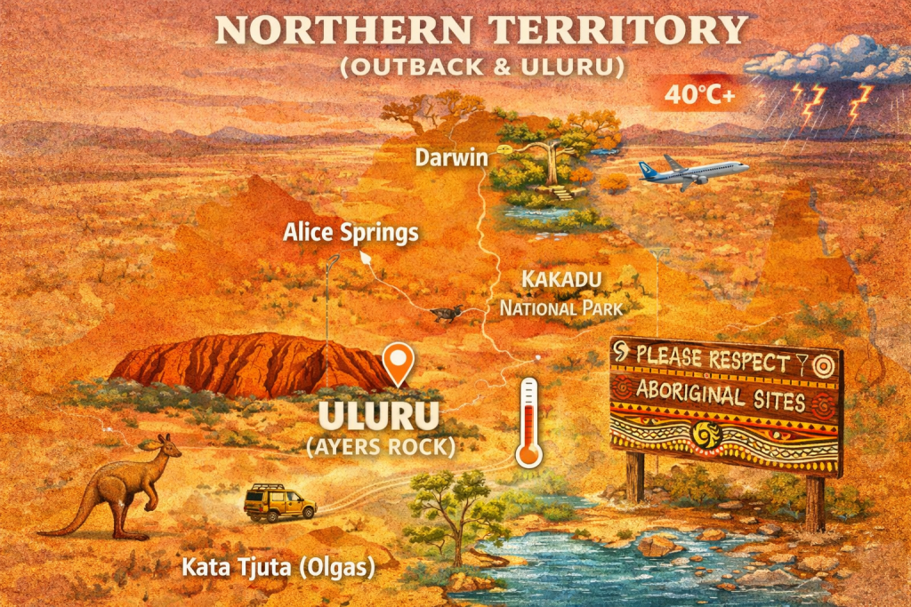 Map of Northern Territory featuring Uluru, Alice Springs and desert landscapes in central Australia