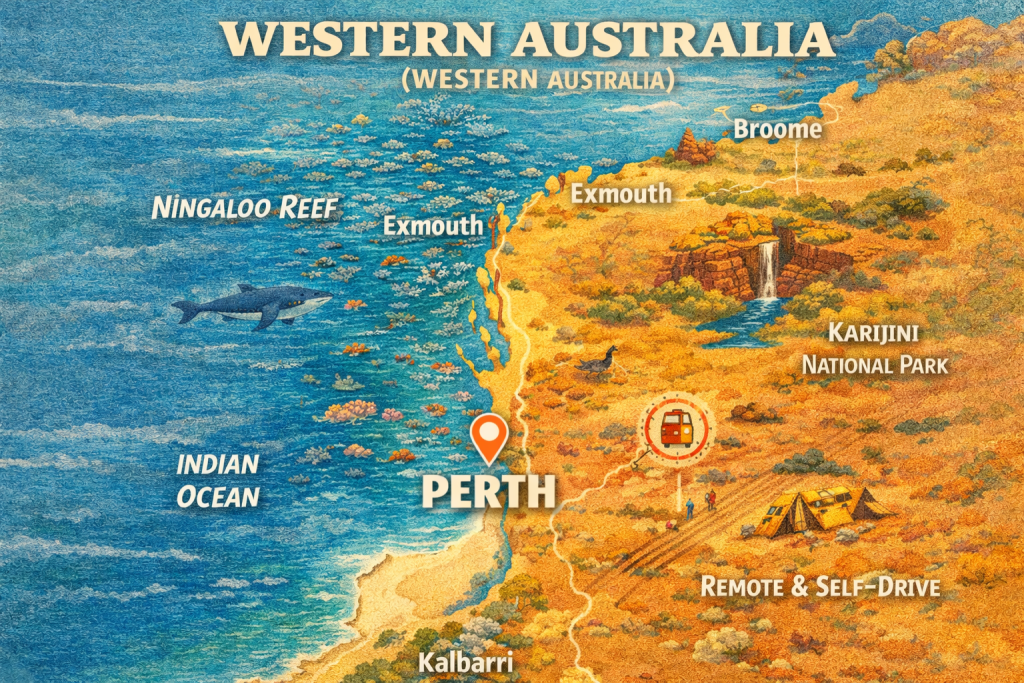 Illustrated map of Western Australia highlighting Perth, Ningaloo Reef and Karijini National Park