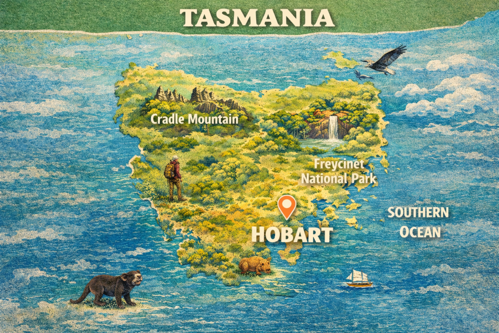 Map of Tasmania showing Hobart, Cradle Mountain and Freycinet National Park in southern Australia