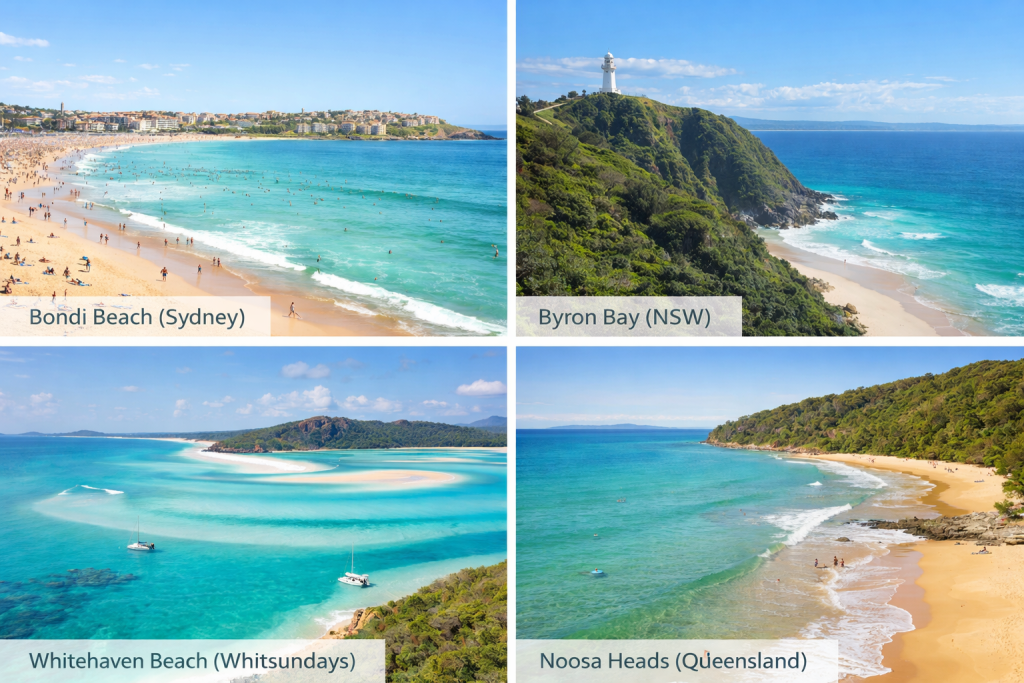 Collage of East Coast Australia beaches featuring Bondi Beach Sydney, Byron Bay NSW, Whitehaven Beach Whitsundays and Noosa Heads Queensland with turquoise ocean and golden sand
