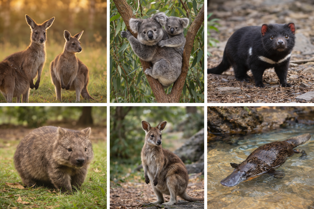 Famous Australian wildlife collage featuring kangaroos, koalas, wombat, wallaby, Tasmanian devil and platypus native to Australia