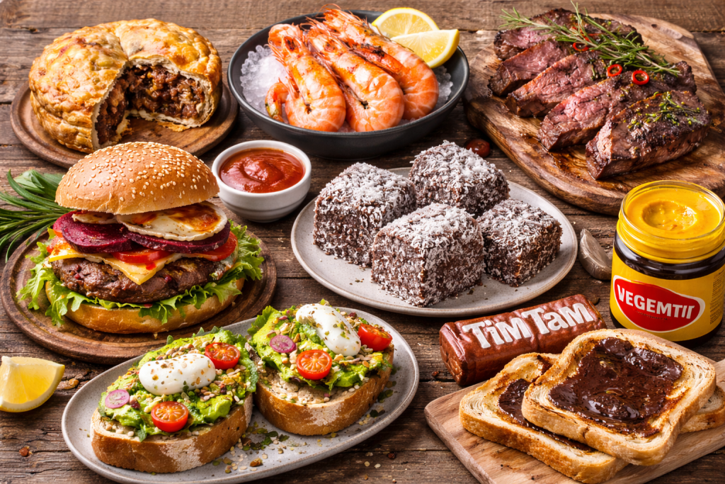 Traditional Australian food collage with meat pie, prawns, lamington, Vegemite and kangaroo meat