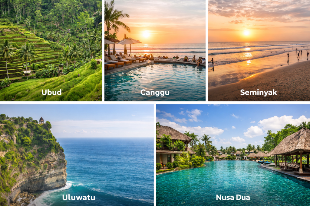 Best areas to stay in Bali collage showing Ubud rice terraces, Canggu beach clubs, Seminyak beach sunset, Uluwatu cliffs, and Nusa Dua resort pools