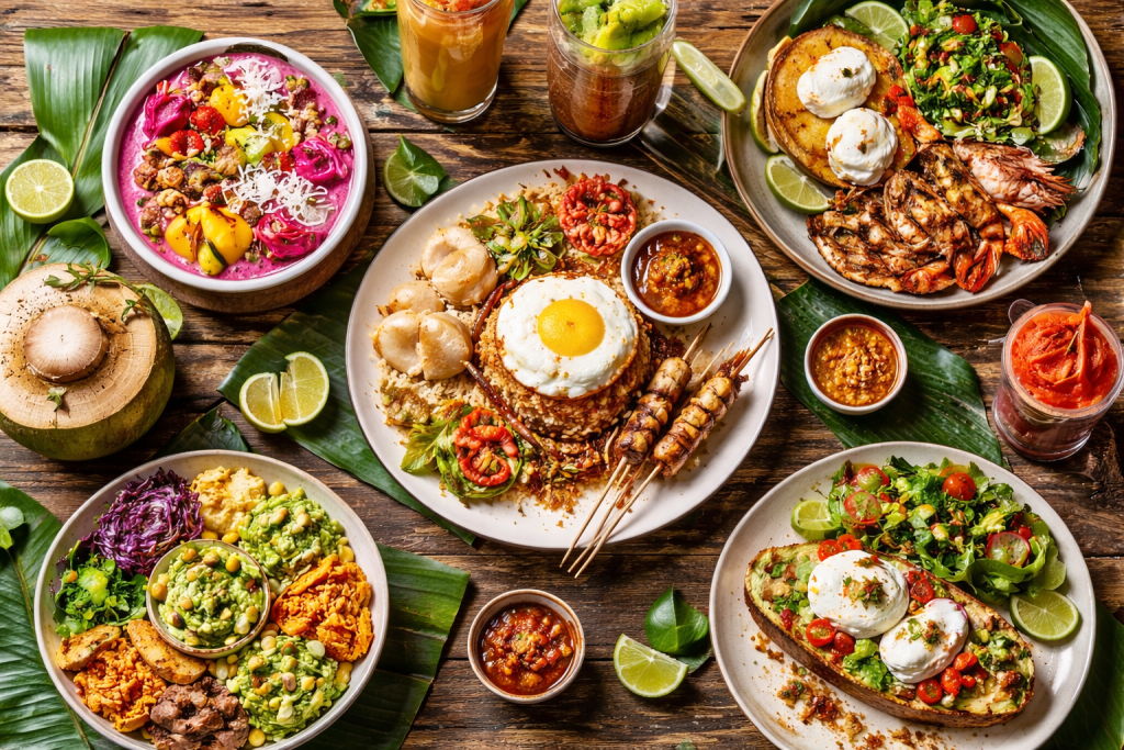 Variety of food in Bali including traditional Indonesian dishes, smoothie bowls, grilled seafood, and healthy meals on a tropical table