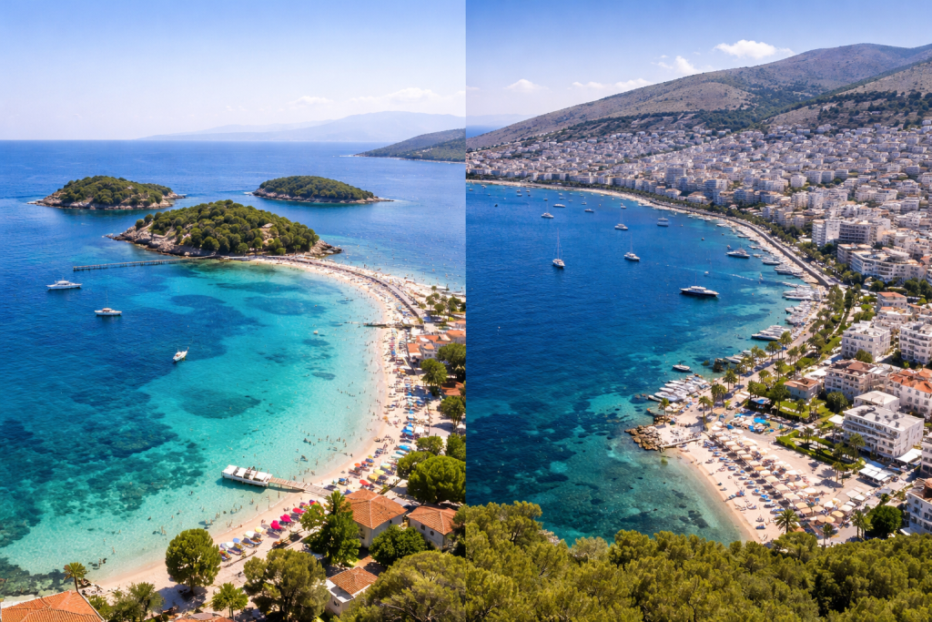 Ksamil vs Saranda Albania split view turquoise beaches and islands on one side and coastal city promenade on the other