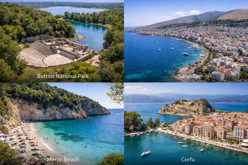 Butrint National Park Saranda Mirror Beach and Corfu collage showing ruins coastline beaches and island views near Ksamil Albania