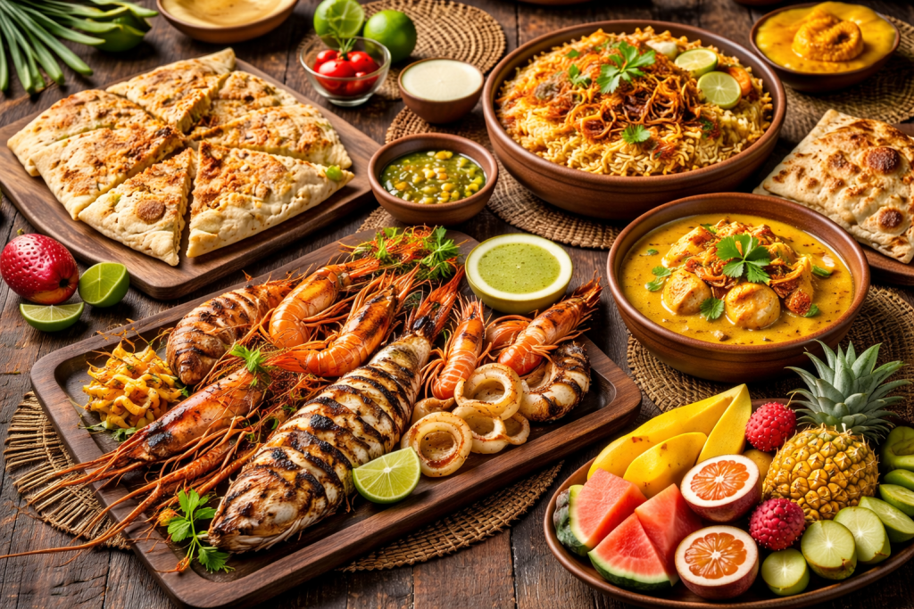 Traditional Zanzibar food assortment including grilled seafood, Zanzibar pizza, coconut curry, biryani rice and fresh tropical fruit on a wooden table.