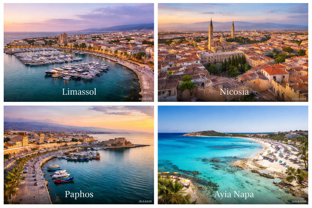 Cyprus travel guide cities Limassol Nicosia Paphos Ayia Napa collage