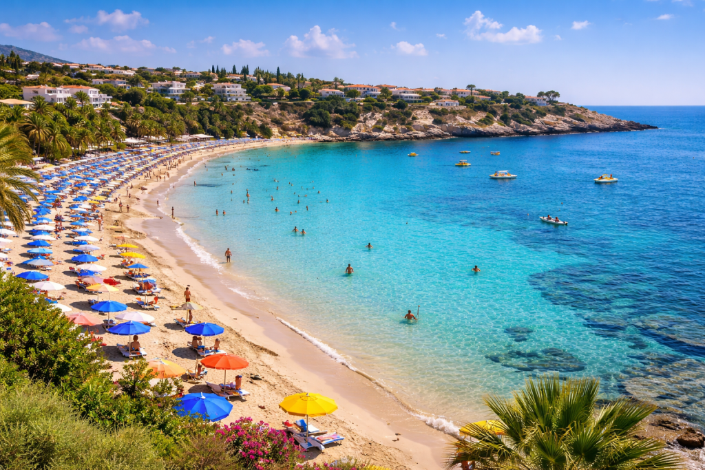 Coral Bay beach near Paphos Cyprus with golden sand and turquoise water