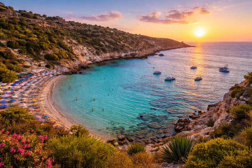 Konnos Bay Cyprus hidden beach between cliffs near Cape Greco