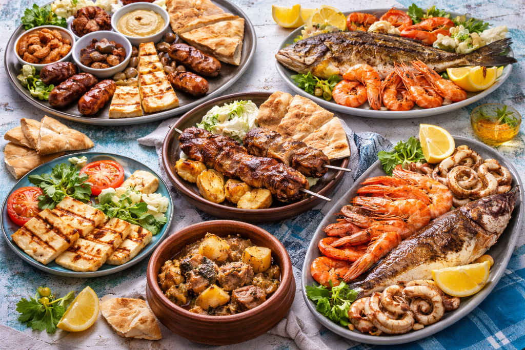 Traditional Cypriot food dishes including meze halloumi souvla kleftiko and seafood