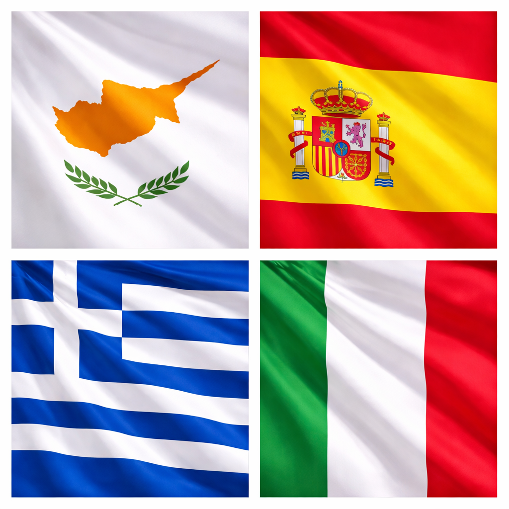 Cyprus Spain Greece Italy flags collage Mediterranean countries