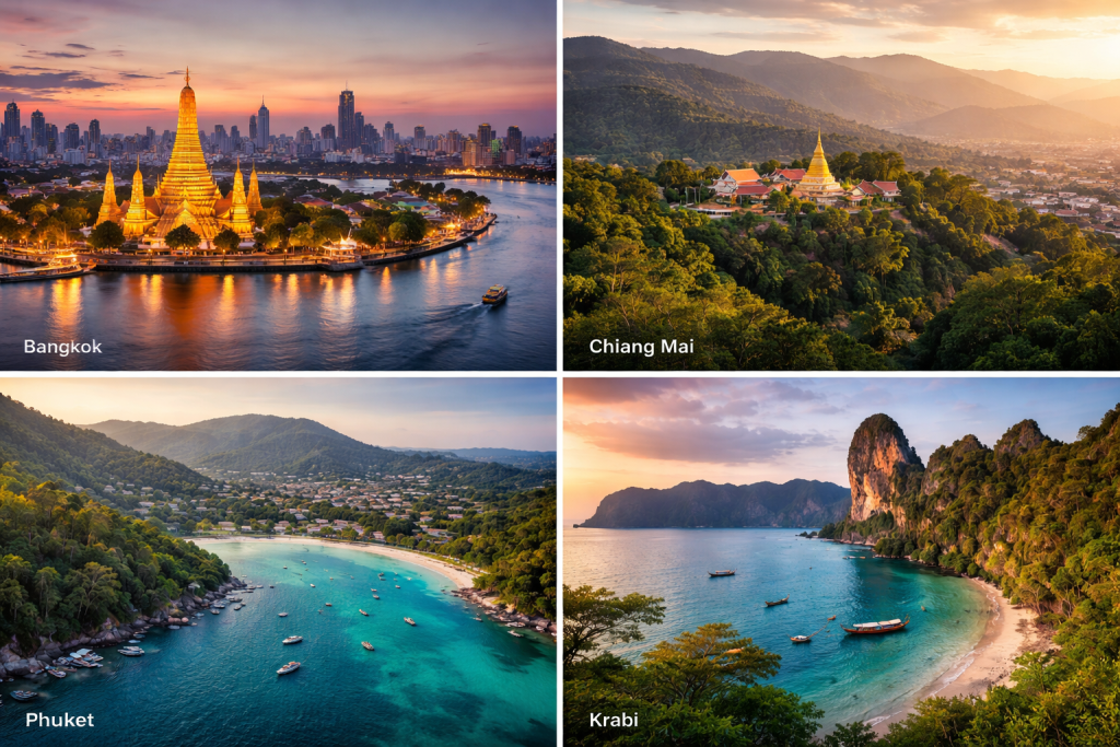 Thailand cities collage Bangkok Chiang Mai Phuket Krabi travel destinations