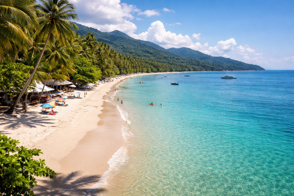 White Sand Beach Koh Chang Thailand tropical beach with palm trees and clear sea