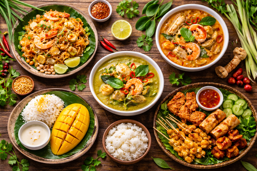 thai food dishes pad thai tom yum green curry mango sticky rice thailand cuisine
