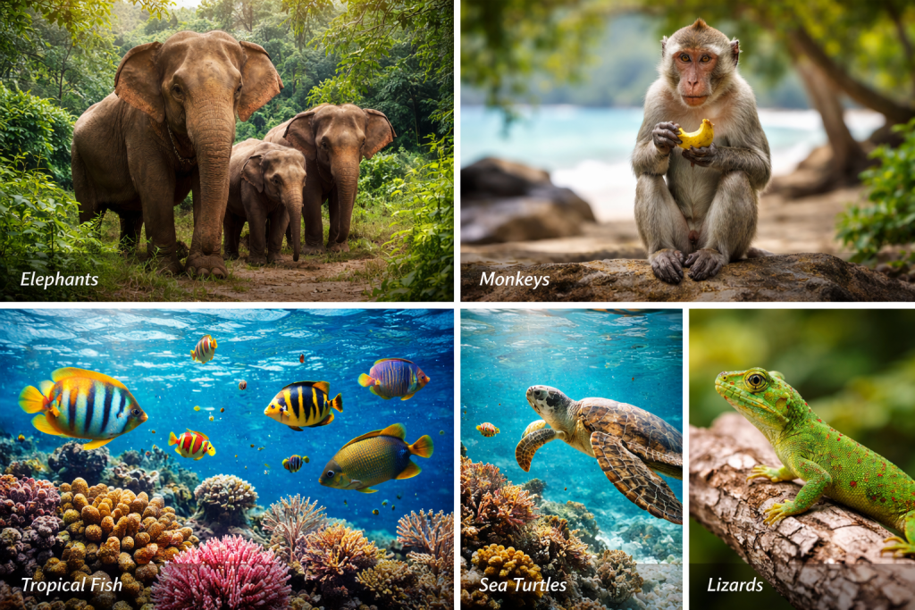 Thailand wildlife animals elephants monkeys sea turtles tropical fish lizards