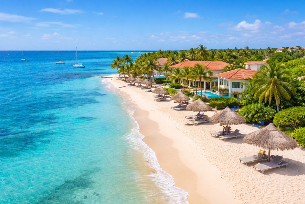 Aruba Travel Guide Noord beach area with villas palm trees and calm Caribbean coastline