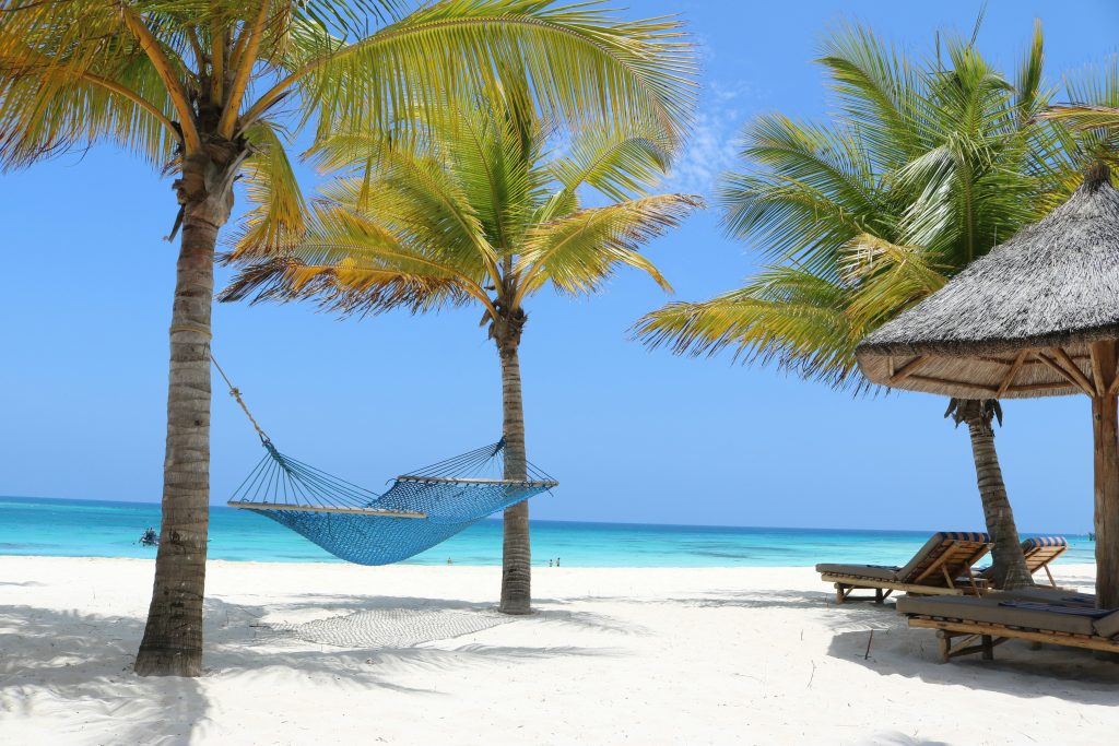 Zanzibar island tropical coastline with white sand beaches and turquoise Indian Ocean water