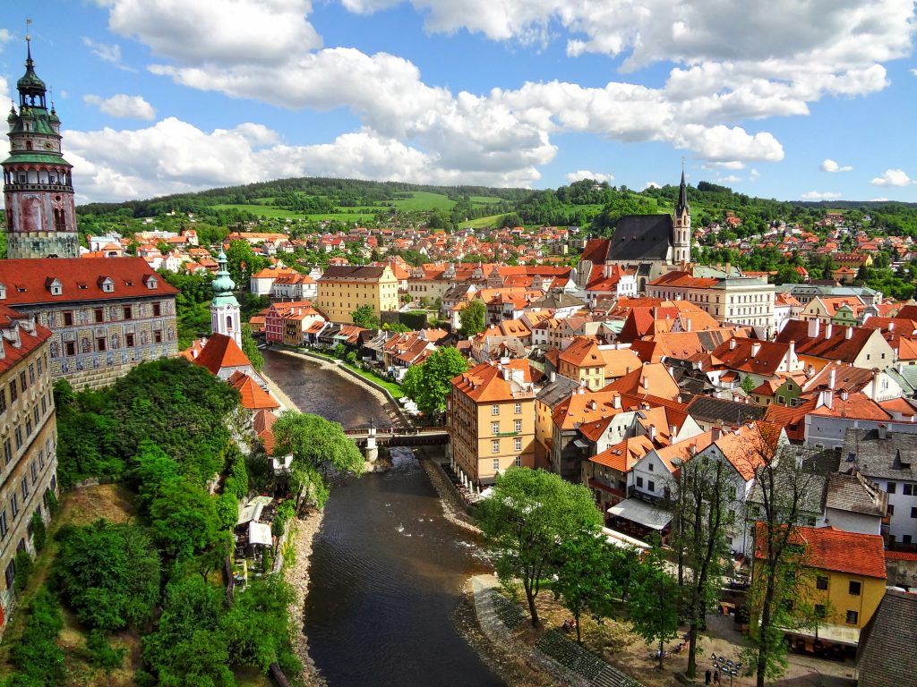 Cesky Krumlov day trip from Prague medieval town with castle and river Czech Republic
