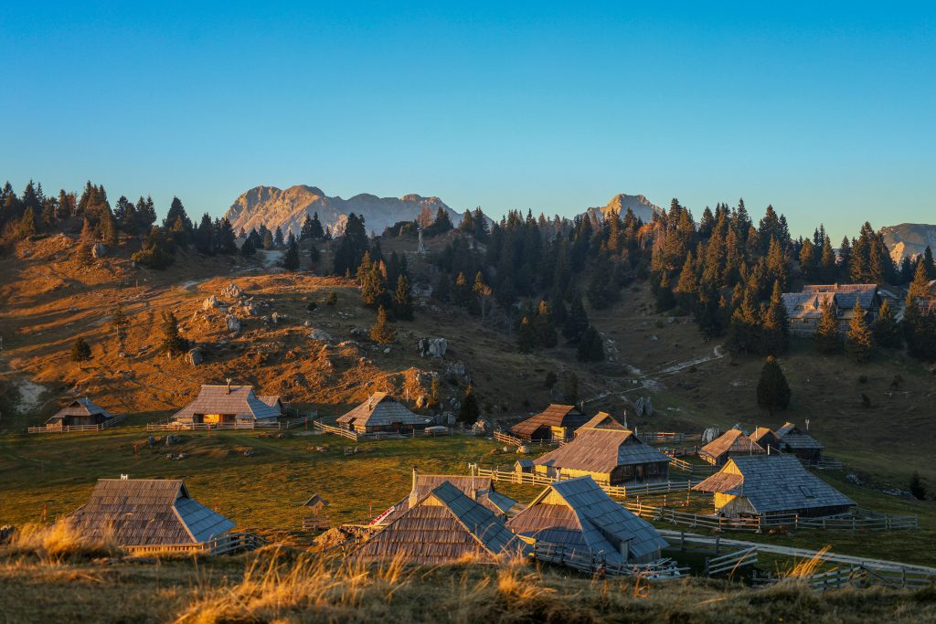 Velika Planina Slovenia aerial view shepherd huts alpine plateau Kamnik Alps