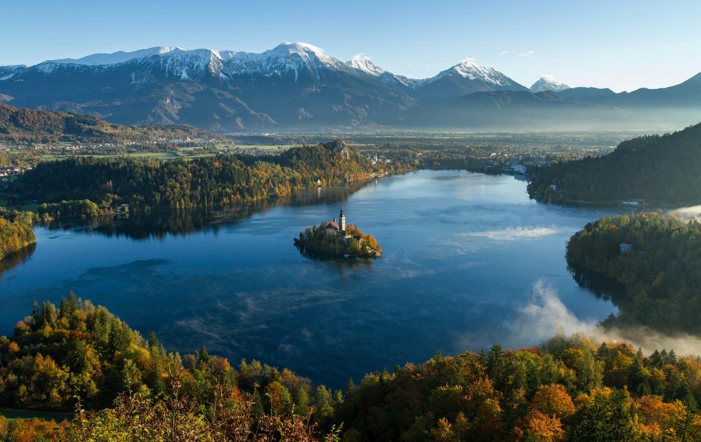 Lake Bled Slovenia Mala Osojnica viewpoint panoramic lake island mountains view