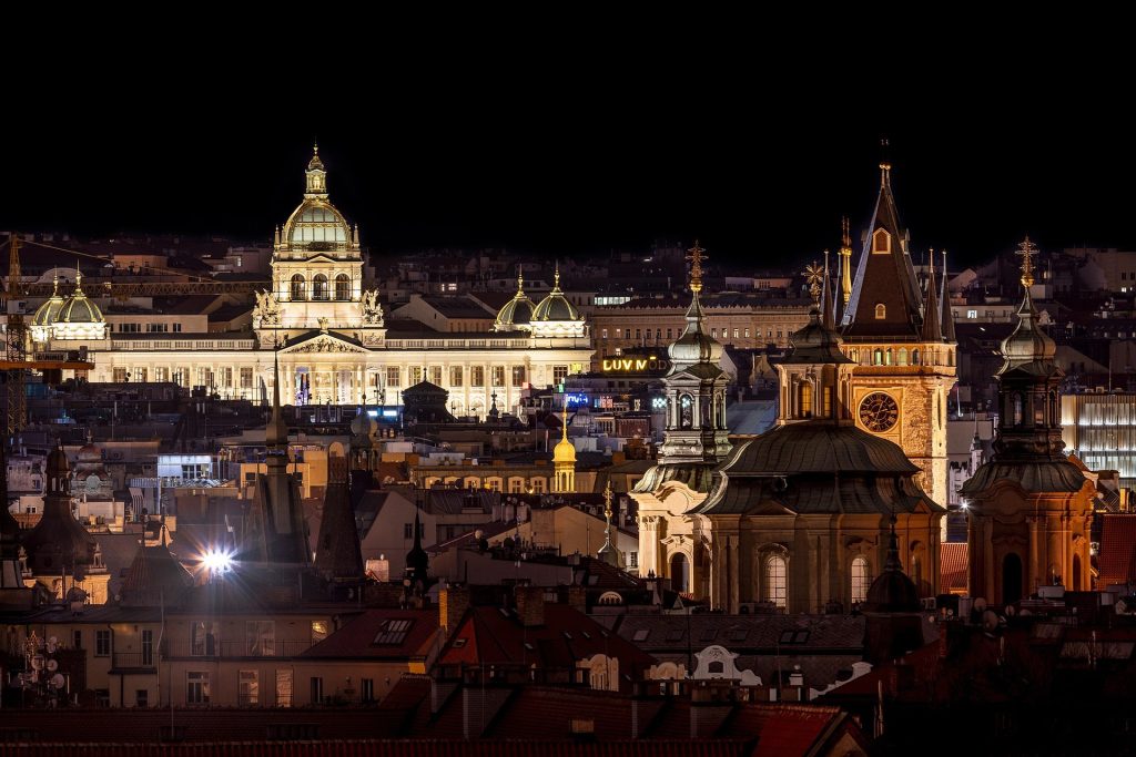 Czech Republic Prague city skyline with Charles Bridge Old Town Square and Prague Castle historic landmarks