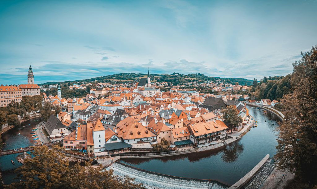 Cesky Krumlov old town with castle and river Vltava fairytale medieval town Czech Republic