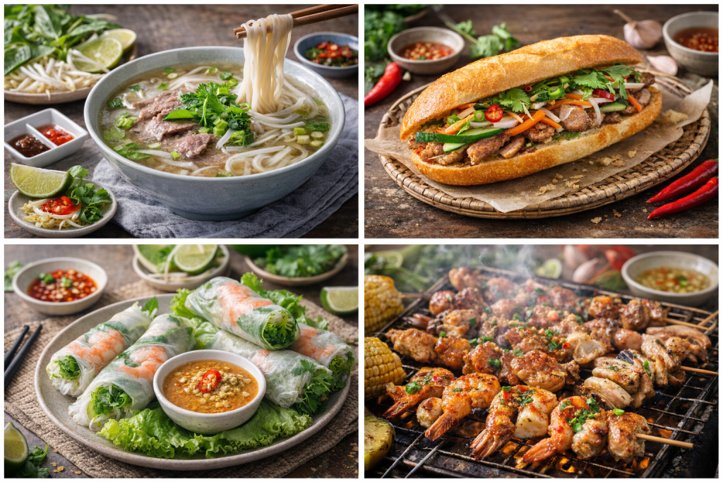 Vietnamese food collage with pho noodle soup, banh mi sandwich, fresh spring rolls, and grilled seafood