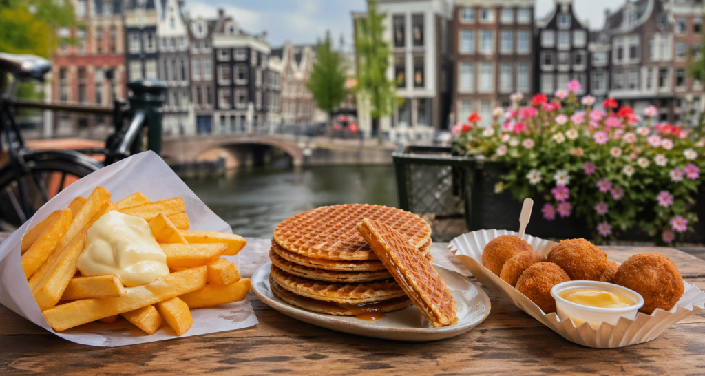 Dutch street food including fries, stroopwafels and snacks in Amsterdam