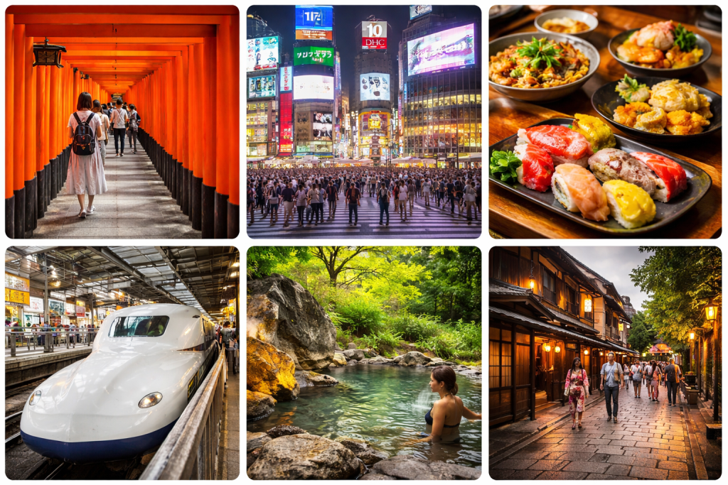 Collage showing temples, street life, food, train and traditional areas in Japan