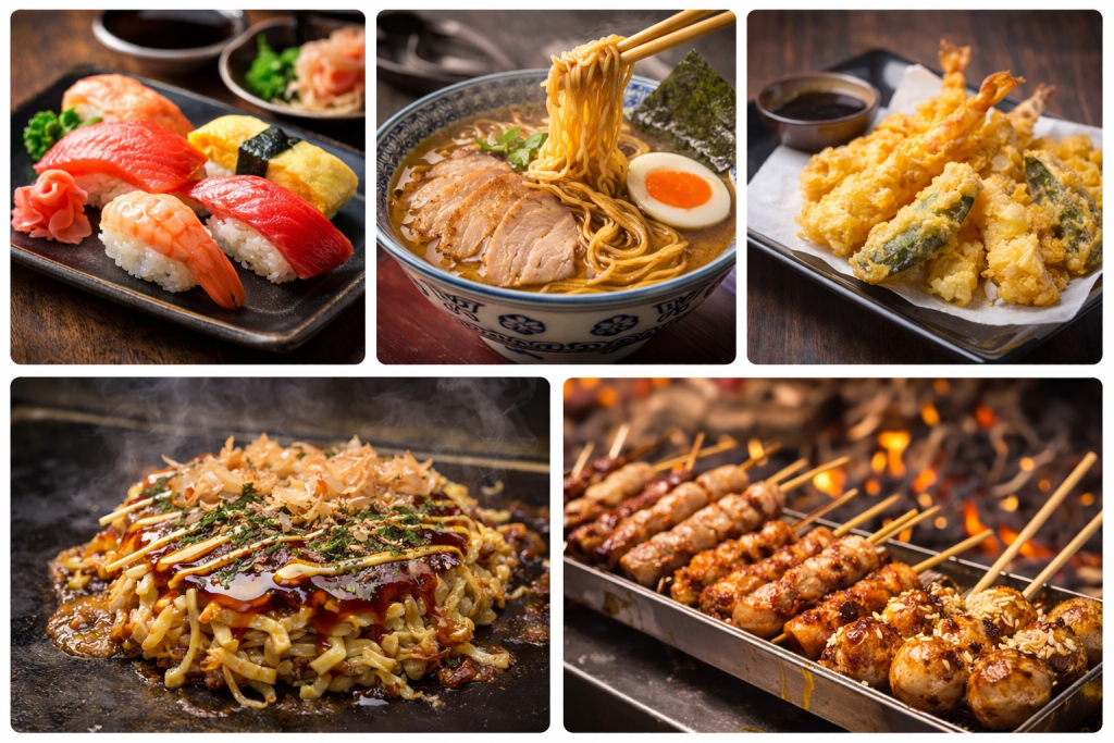 Japanese food collage with sushi, ramen, tempura, okonomiyaki and street food – Japan travel guide