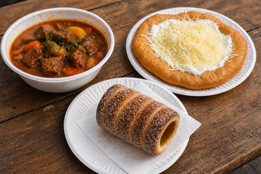 traditional Hungarian food with goulash soup, langos with cheese and chimney cake dessert