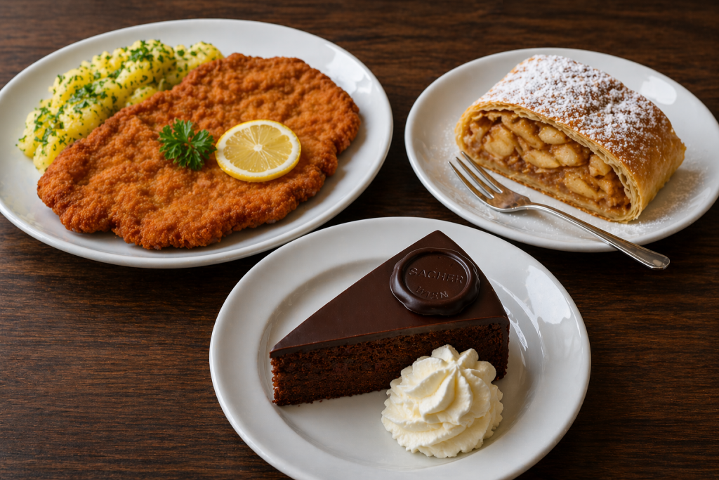 three traditional Viennese dishes served on separate plates with schnitzel, apple strudel and chocolate cake