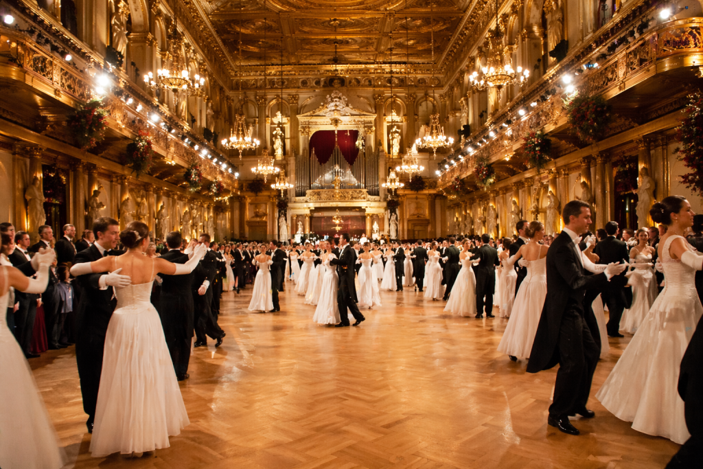 elegant Vienna ball with couples dancing in a grand ballroom under chandeliers