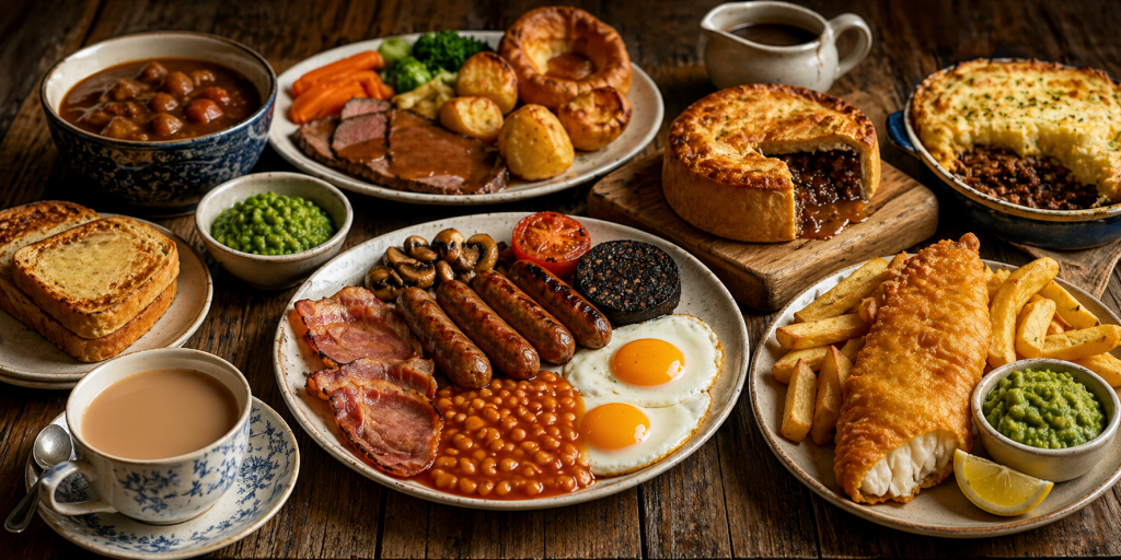 traditional British dishes including fish and chips, full English breakfast, and roast meal on a table