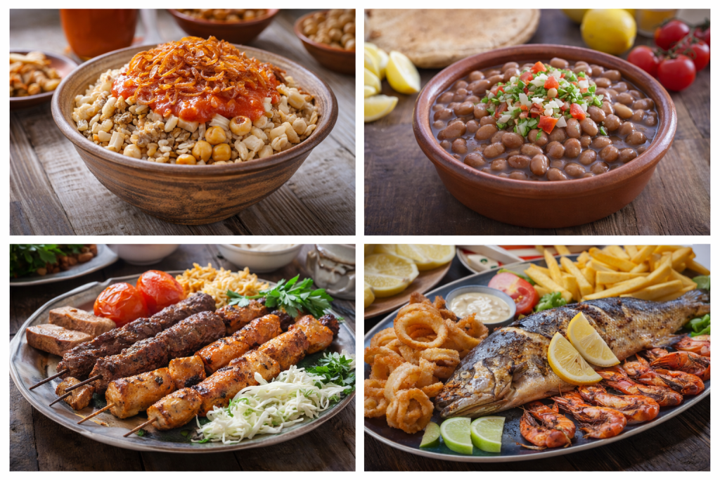 Egyptian food guide featuring koshari ful medames grilled kebabs and fresh seafood dishes