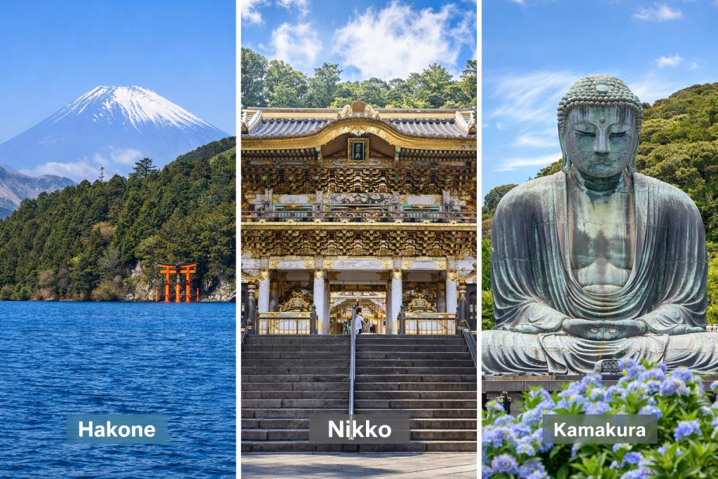 Collage of Hakone, Nikko and Kamakura showing Mount Fuji, a traditional shrine and the Great Buddha statue