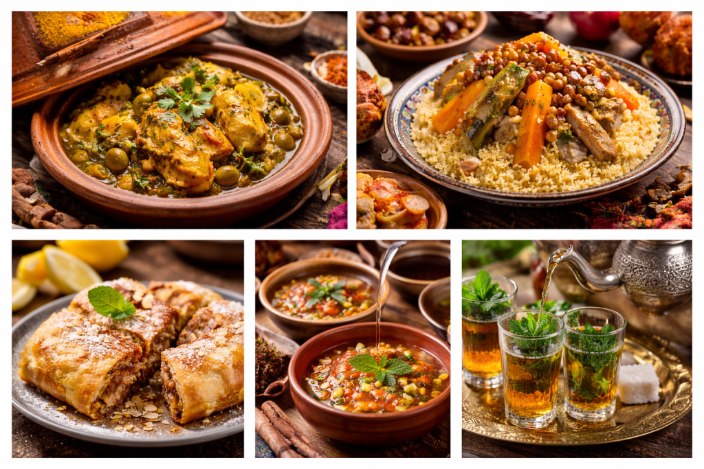Morocco travel guide – traditional Moroccan food including tagine, couscous, pastilla, harira and mint tea