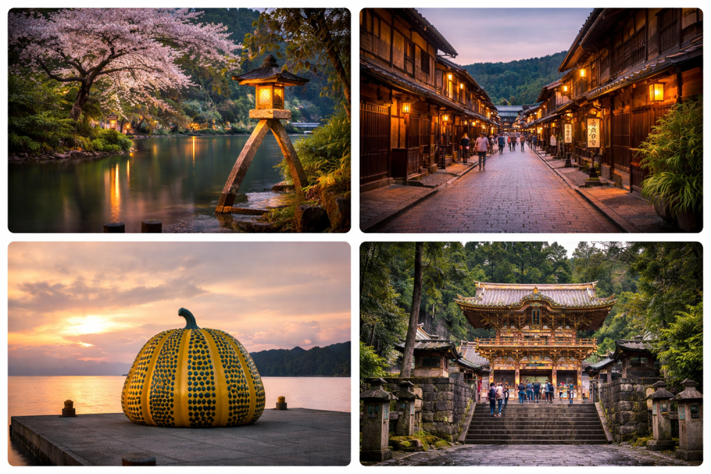 Collage of hidden places in Japan including traditional streets, temples, scenic gardens and coastal art installations
