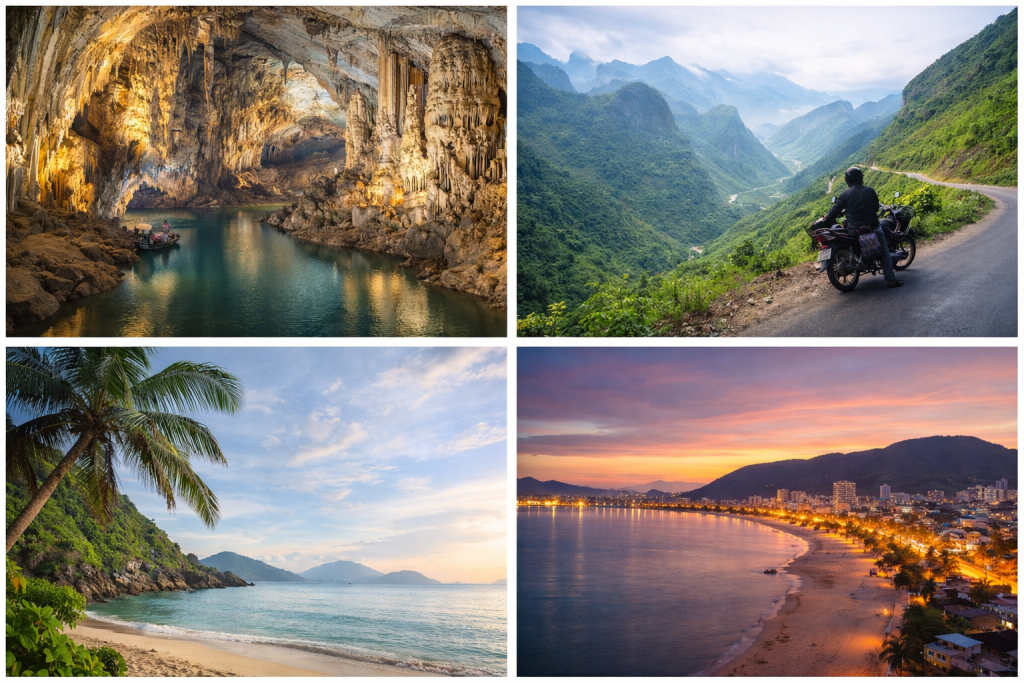 Vietnam hidden gems collage with cave river, mountain road view, tropical beach, and coastal city at sunset