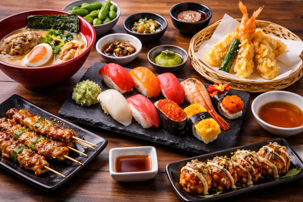 Traditional Japanese dishes including sushi, ramen, tempura and street food served on a table