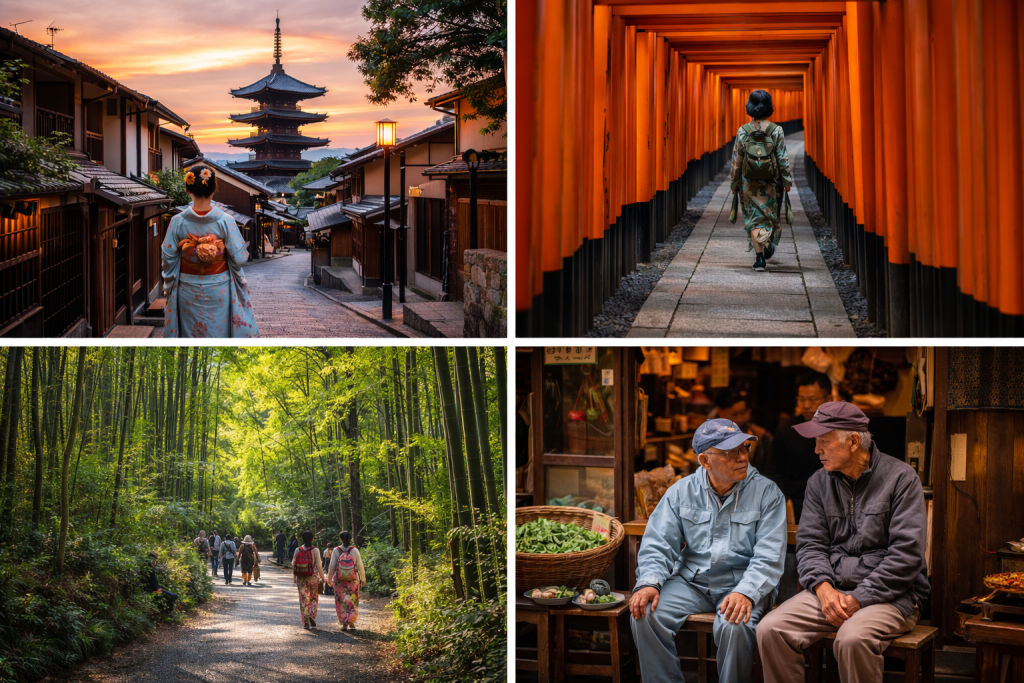 Traditional Kyoto scenes with temples, bamboo forest, local streets and everyday life