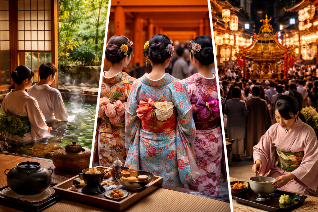 Traditional Kyoto experiences including tea ceremony, kimono culture and local festival scenes