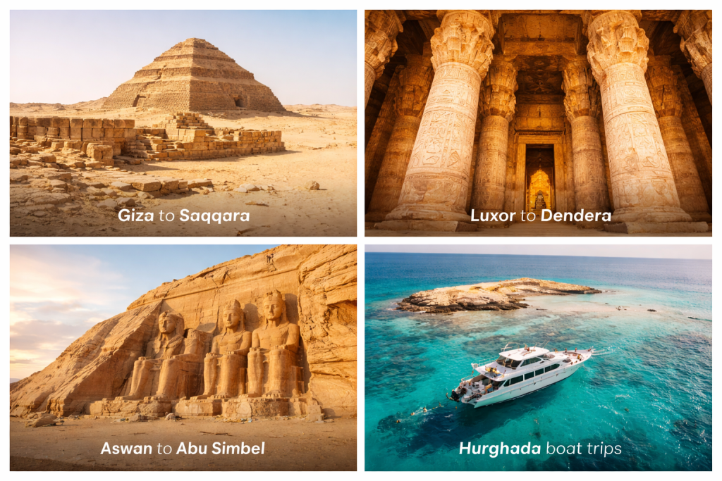 Best day trips in Egypt including Giza to Saqqara, Luxor to Dendera, Abu Simbel and Hurghada boat trips