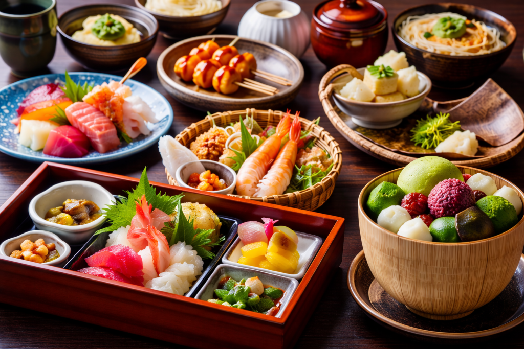 Traditional Japanese dishes including sushi, tempura, noodles and desserts beautifully arranged on a table